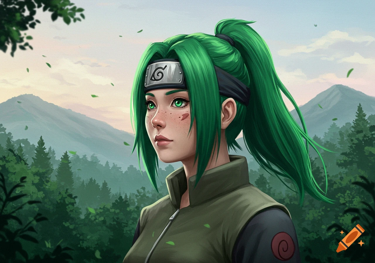 An anime-style young woman with bright green hair, freckles, and a Leaf Village headband, looking over a forest mountain landscape.
