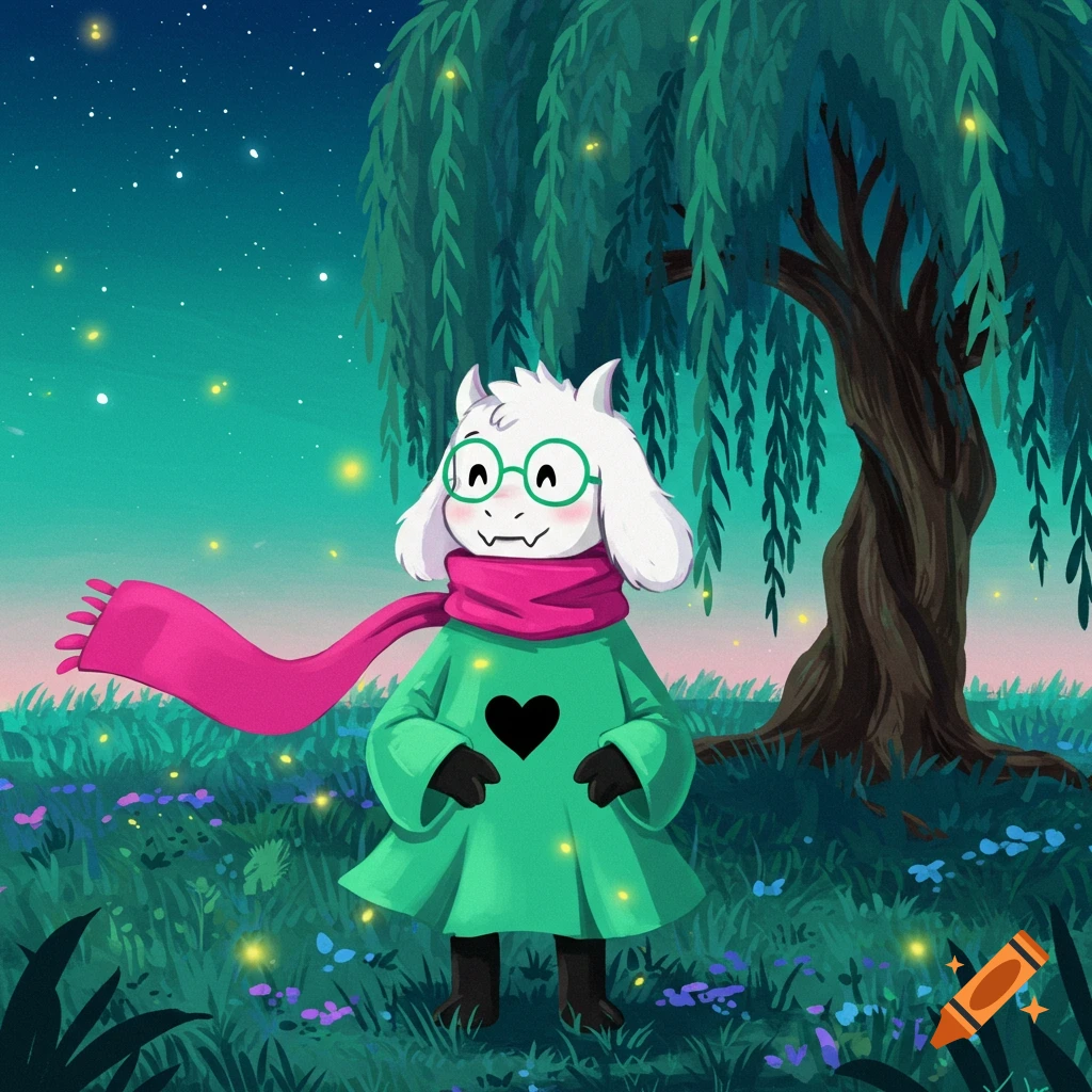 Funky Ralsei Cartoon Ralsei, a white goat-like character in green robe, pink scarf ...