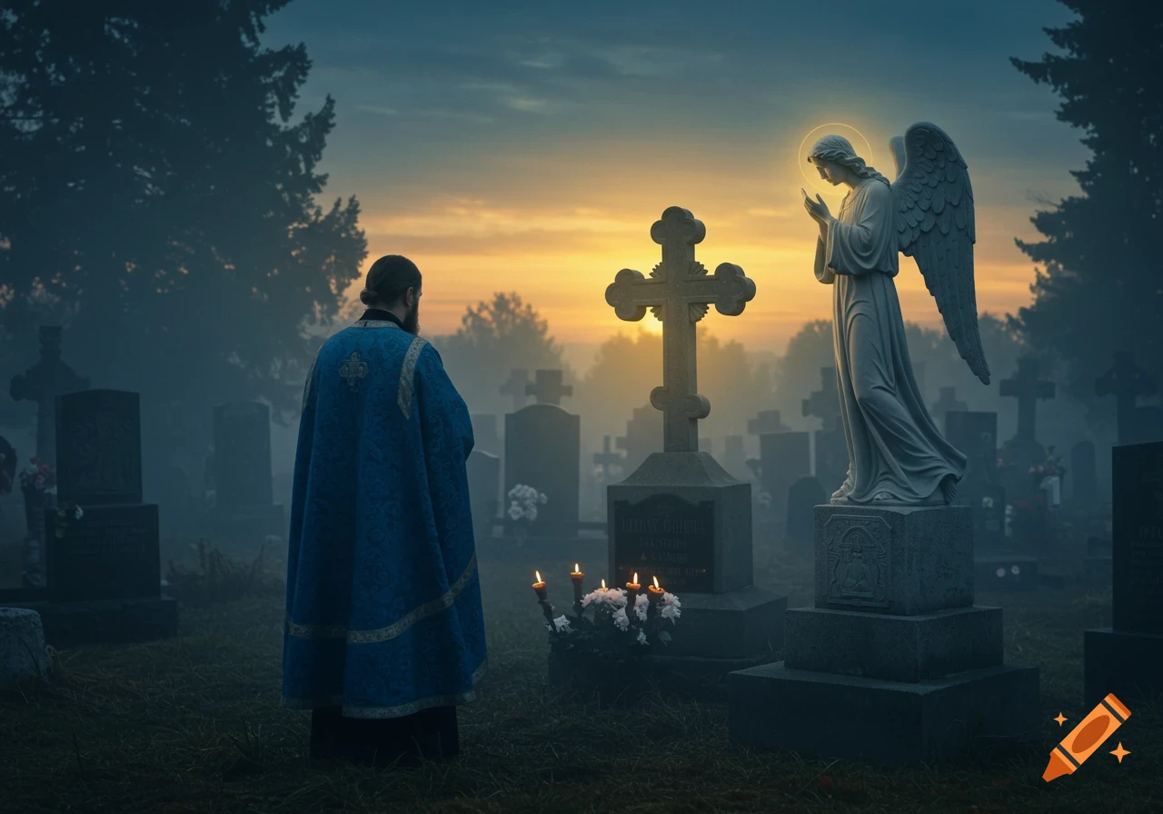A priest stands praying in a misty graveyard at sunset, facing a large cross and an angel statue.