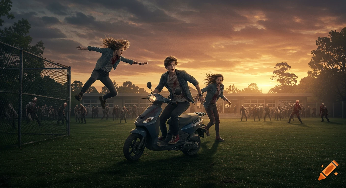 Three teens escape a zombie horde on a scooter and over a fence on a school field at sunset, dynamic and photorealistic.
