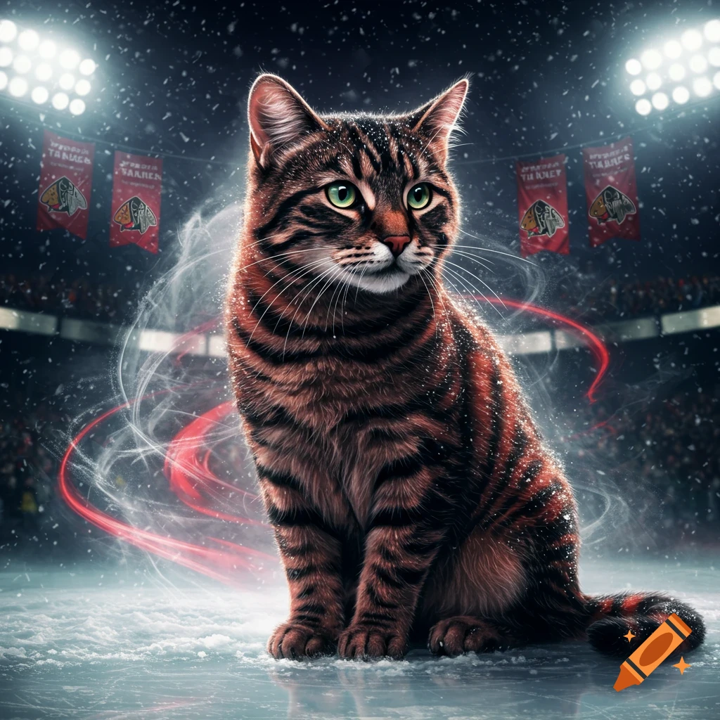 A photorealistic tabby cat with green eyes sits on an ice rink in a snowy hockey arena with stadium lights and banners.
