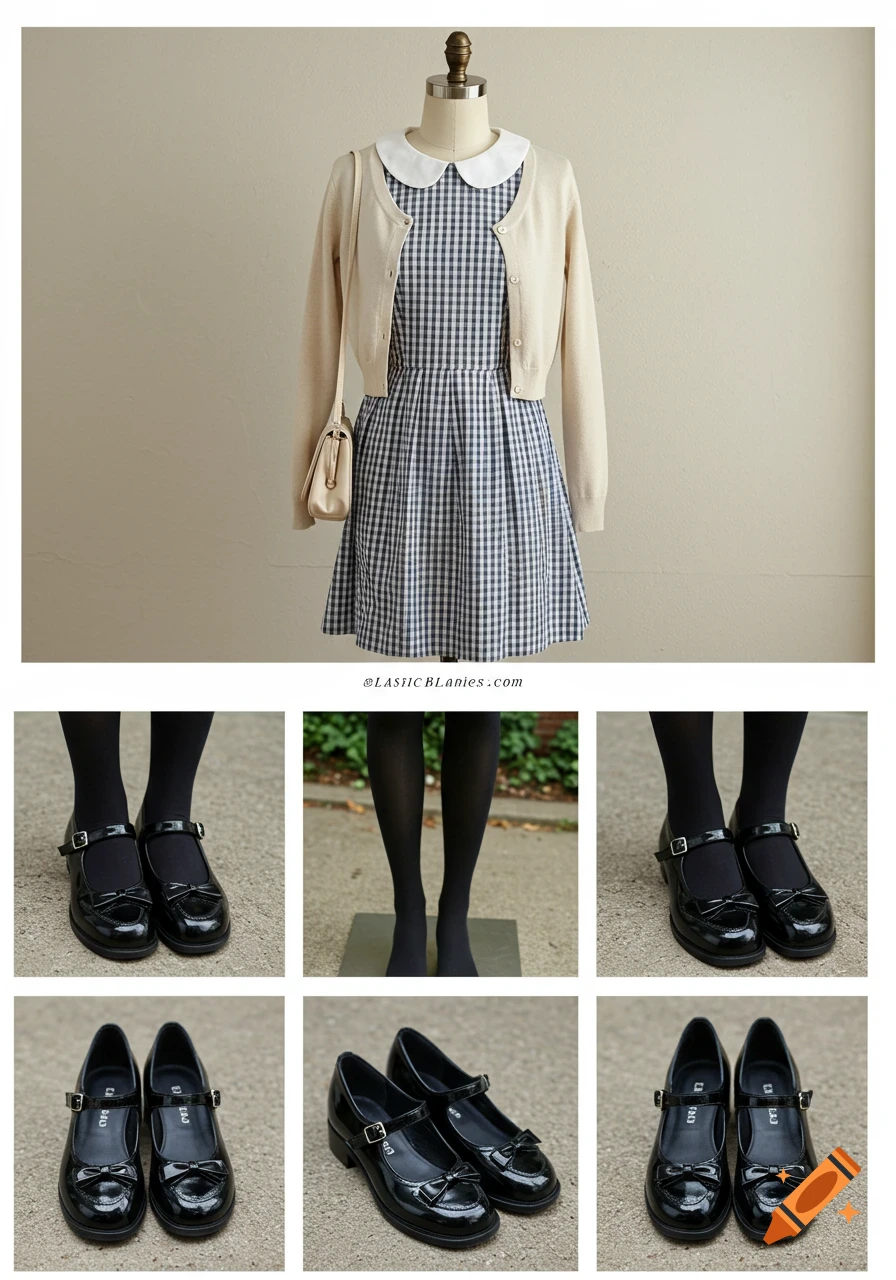 A flat lay collage features a checkered dress with a white collar, cream cardigan, and small handbag on a mannequin, alongside close-ups of black Mary Jane shoes with bows on feet and as pairs.