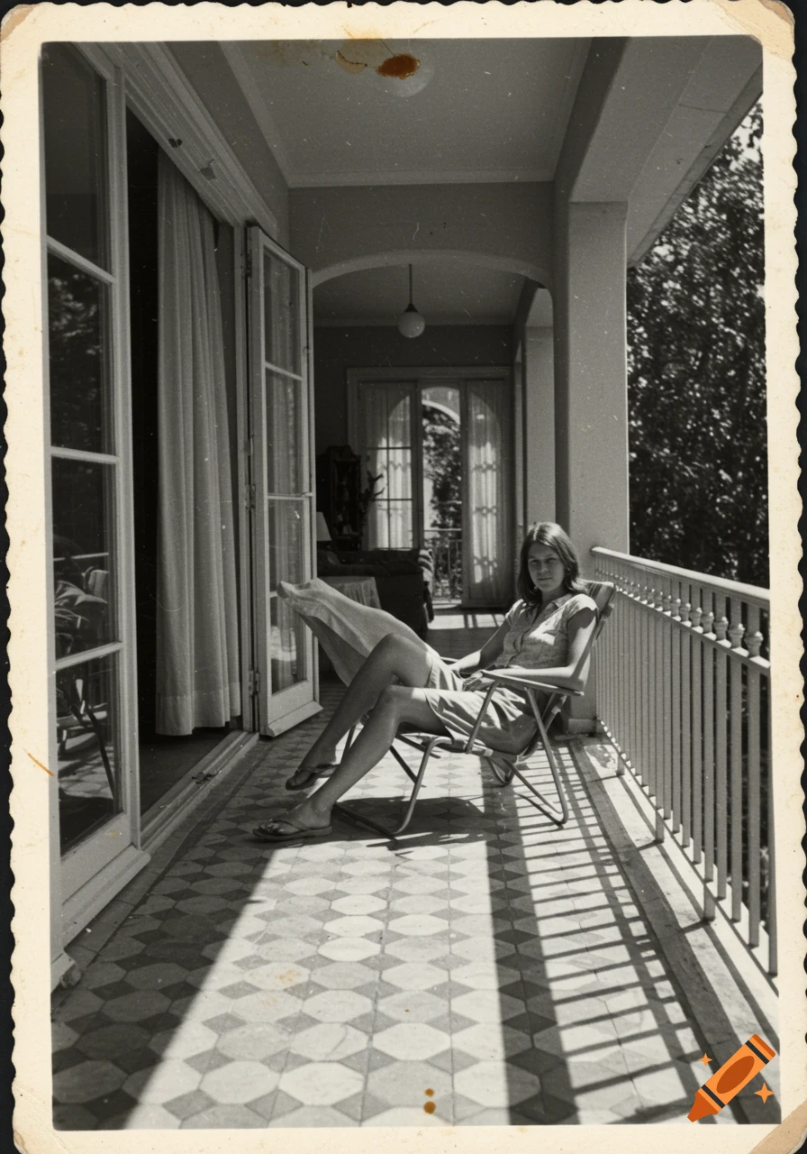 A black and white vintage photo shows a young woman relaxing in a lounge chair on a balcony with patterned tiles and railings, overlooking trees.