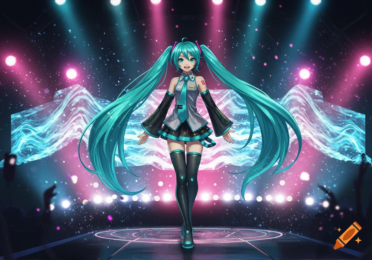 Hatsune Miku, a teal-haired anime character, stands on a neon-lit concert stage, arms open.