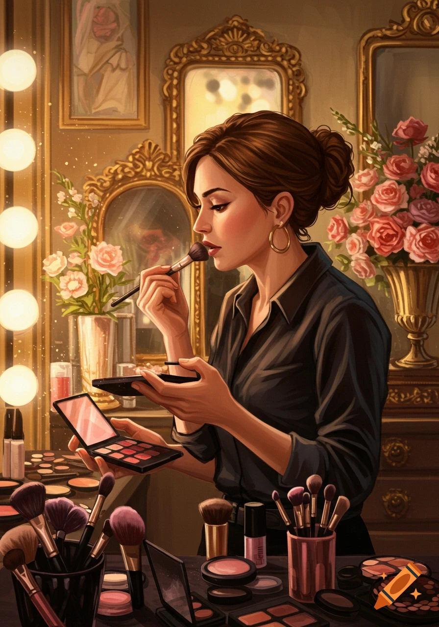 An elegant woman in a black shirt applies makeup at a brightly lit vanity table, surrounded by makeup brushes, palettes, and flowers.