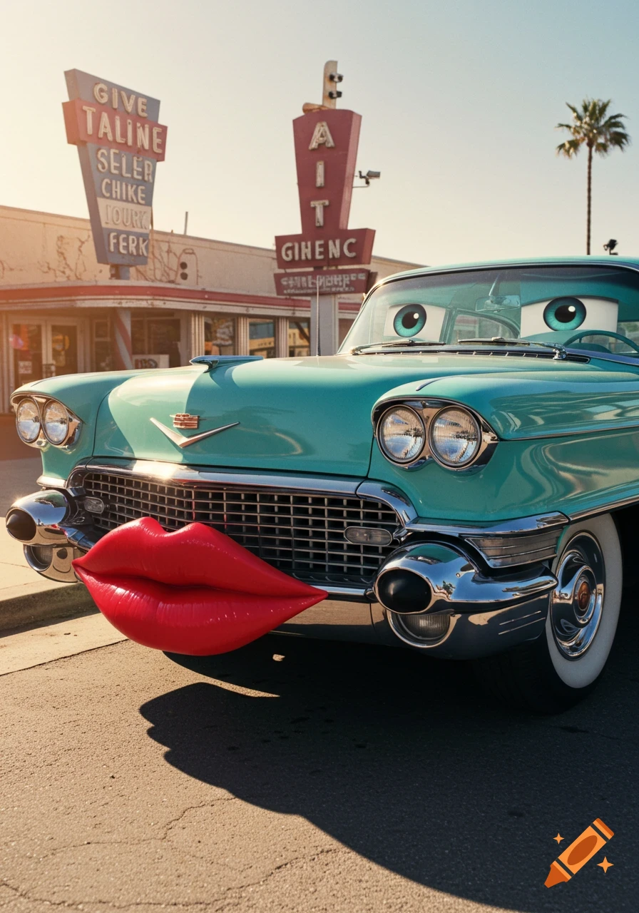 A teal vintage Cadillac with cartoon eyes and large red lips on the grille, parked on a street in front of retro signs and a palm tree.