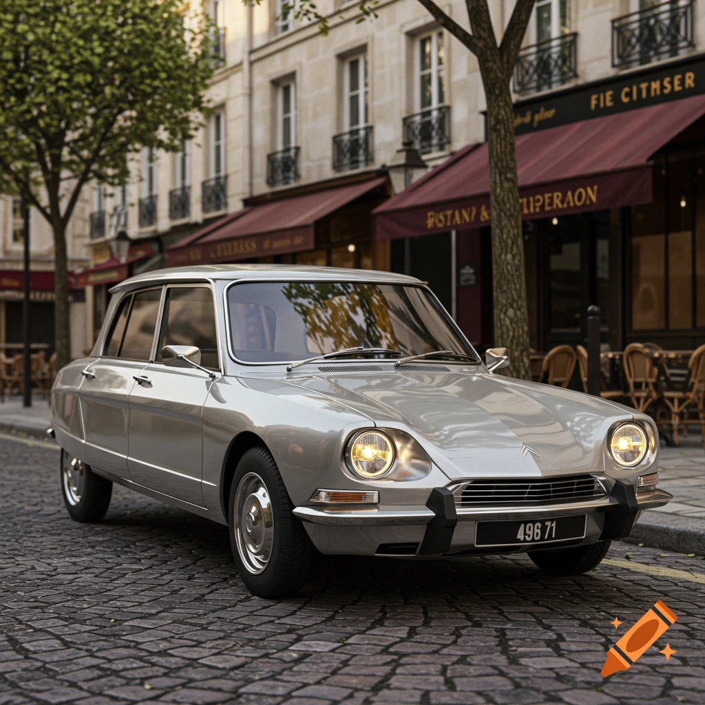 A silver classic Citroën car with glowing headlights is parked on a cobblestone street in front of European buildings with shop awnings, photorealistic.