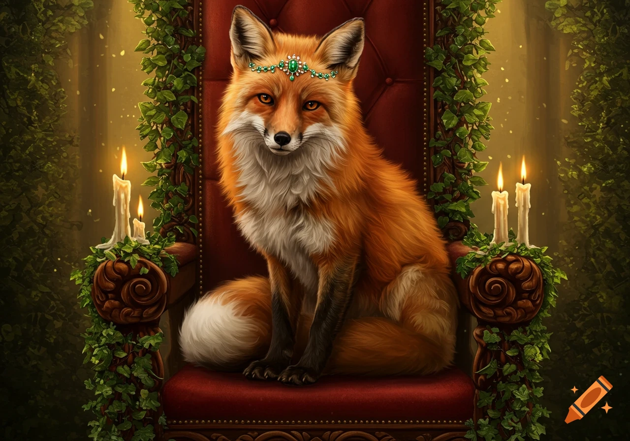 A regal fox with a green jeweled crown sits on an ivy-covered red velvet throne, flanked by candles in a forest, detailed illustration.
