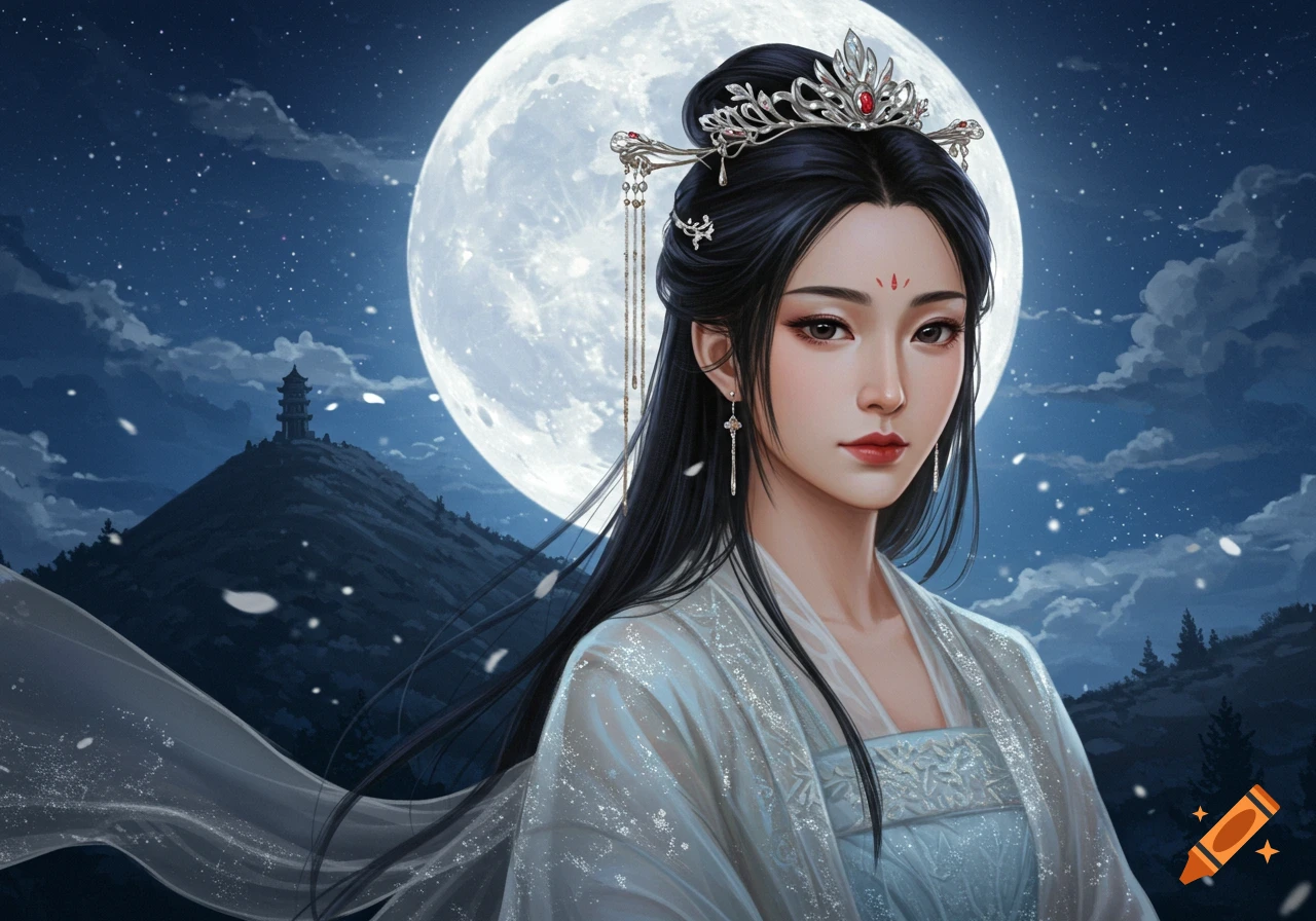 A beautiful Asian woman in traditional attire with a tiara, against a full moonlit night sky and a distant pagoda on a hill, digital art.