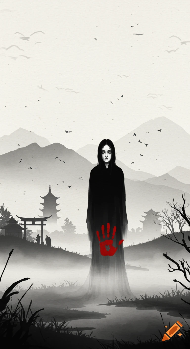 A grayscale ink wash painting depicts a ghostly figure with a red handprint on its chest, standing in a misty oriental landscape with pagodas and mountains.