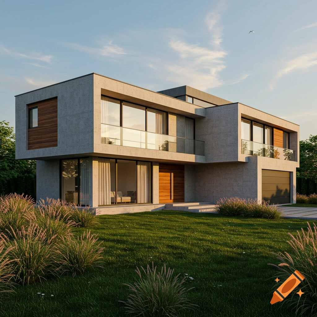 A modern concrete and wood house with large windows, set on a green lawn under a partly cloudy sky.