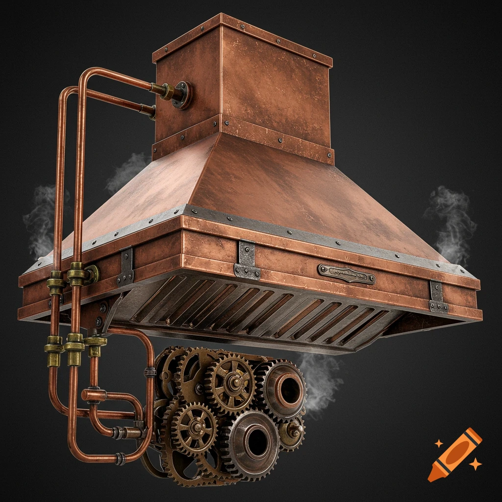 Detailed photorealistic steampunk range hood made of weathered copper and brass, featuring visible gears, pipes, and emitting wisps of steam.