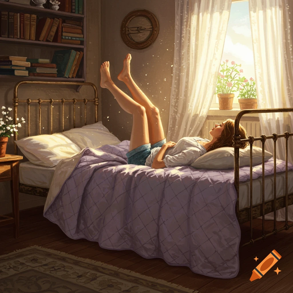 A woman lies on a bed with her legs up in a sunlit bedroom with a bookshelf and window, in a detailed illustration.