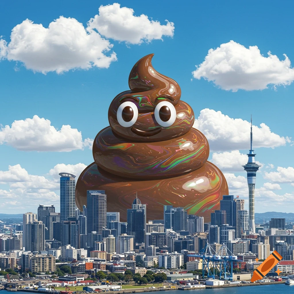 A giant, smiling poop emoji towers over the Auckland city skyline under a blue sky with fluffy clouds.