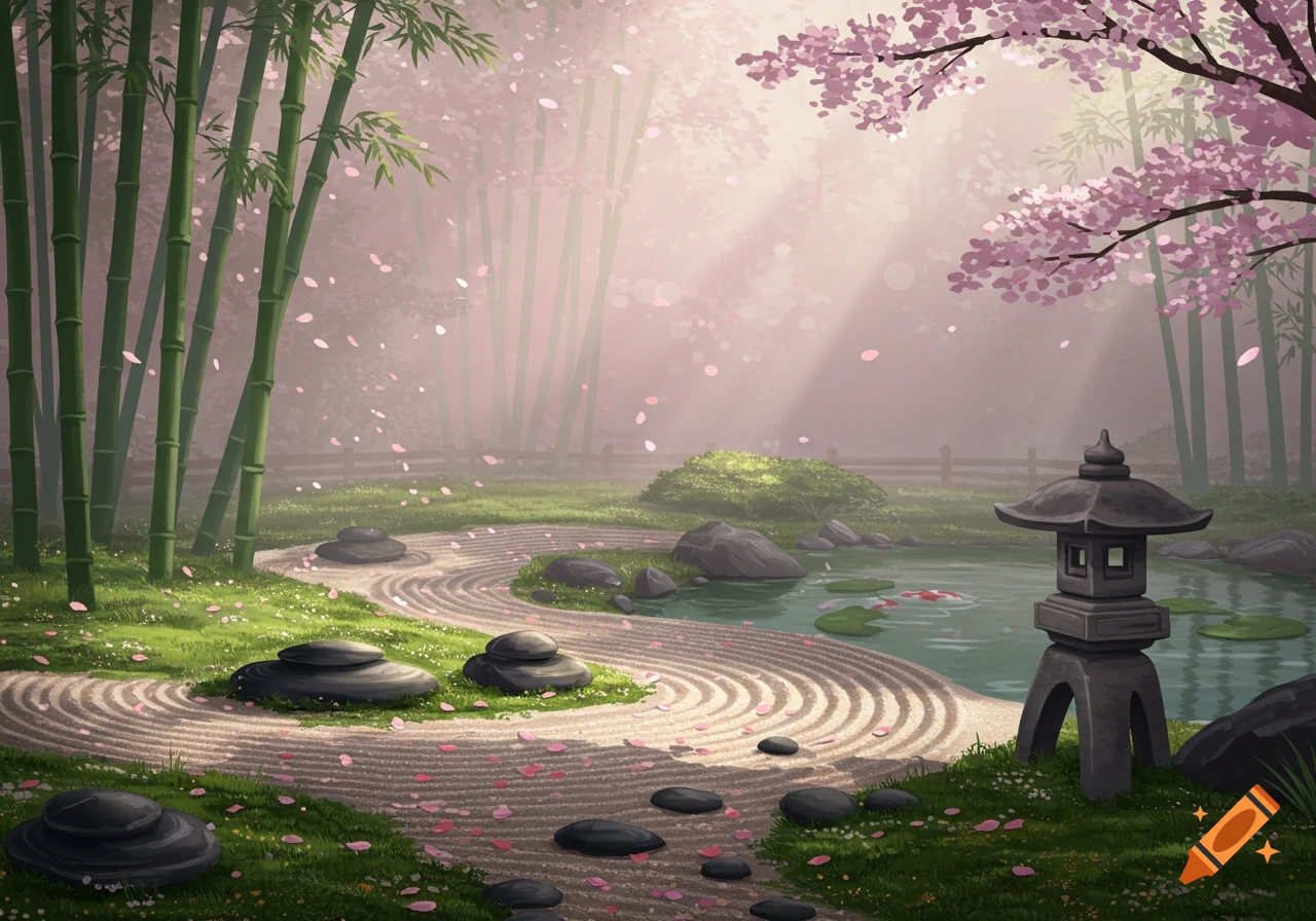 A serene Japanese zen garden with bamboo, falling cherry blossoms, raked sand, rocks, a pond with koi, and a stone lantern.