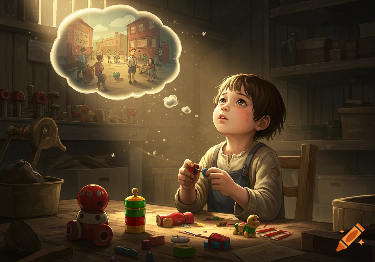 A young child in overalls looks up dreamily, holding a toy. Above their head, a thought bubble shows children playing in a sunny town square, rendered in a warm, illustrative style.