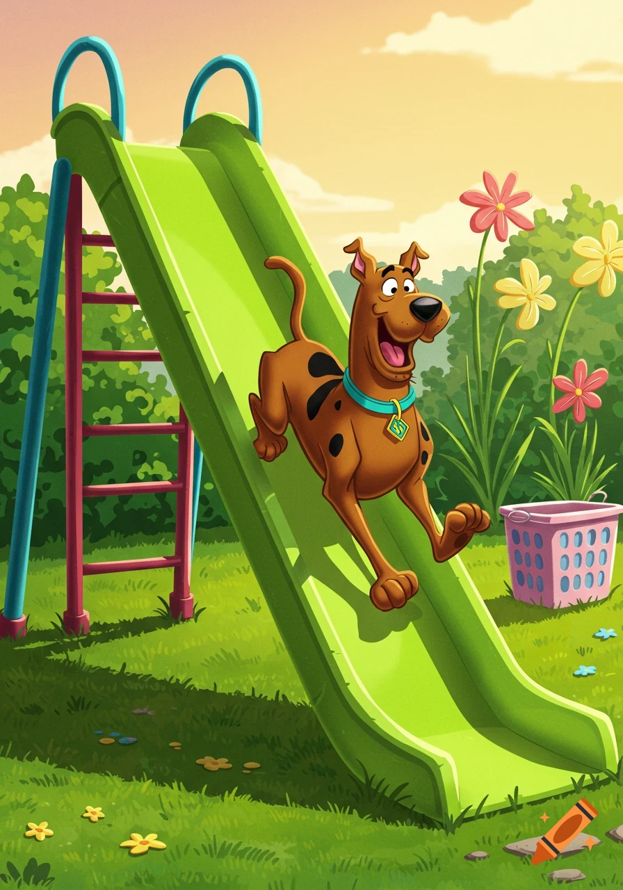 Scooby-Doo, a brown cartoon dog, happily slides down a green playground slide in a sunny backyard.