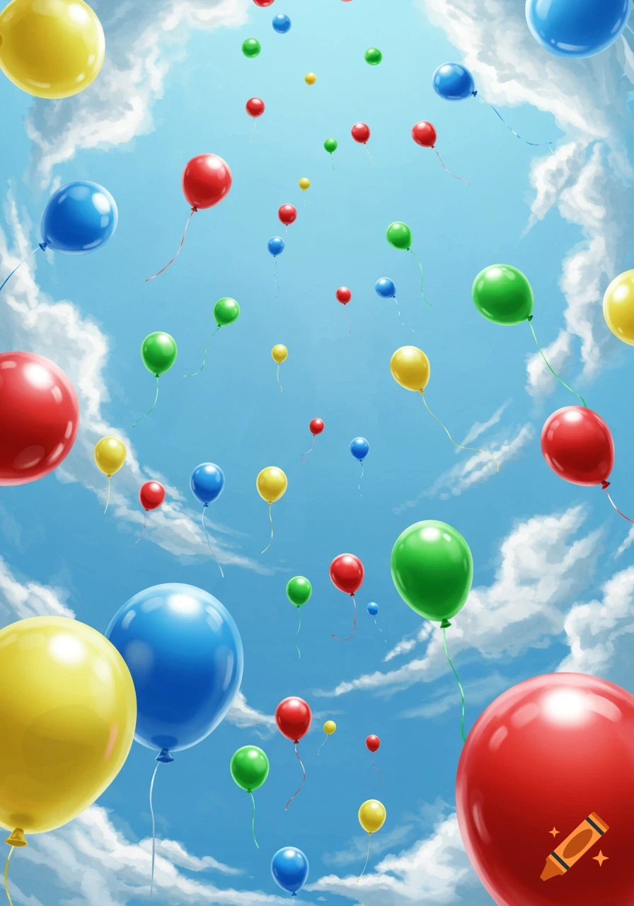 Many colorful red, blue, green, and yellow balloons float upwards into a bright blue sky with white clouds.