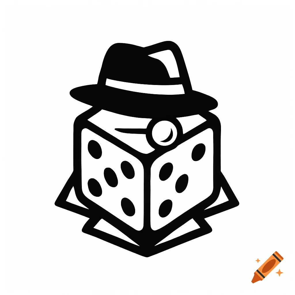 Black and white logo of a dice wearing a fedora and monocle, resembling a detective.