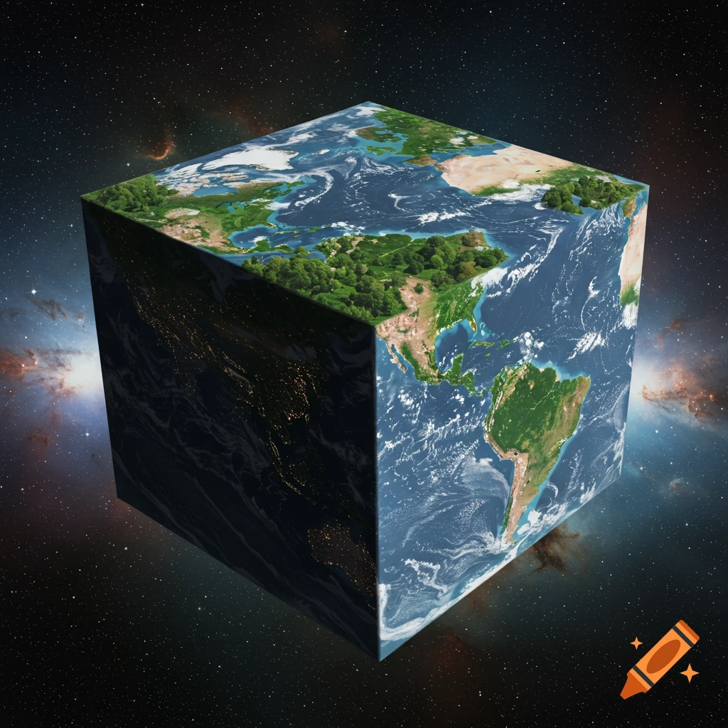 A photorealistic image of a cube-shaped Earth floating in space, with continents, oceans, and city lights visible on its faces.