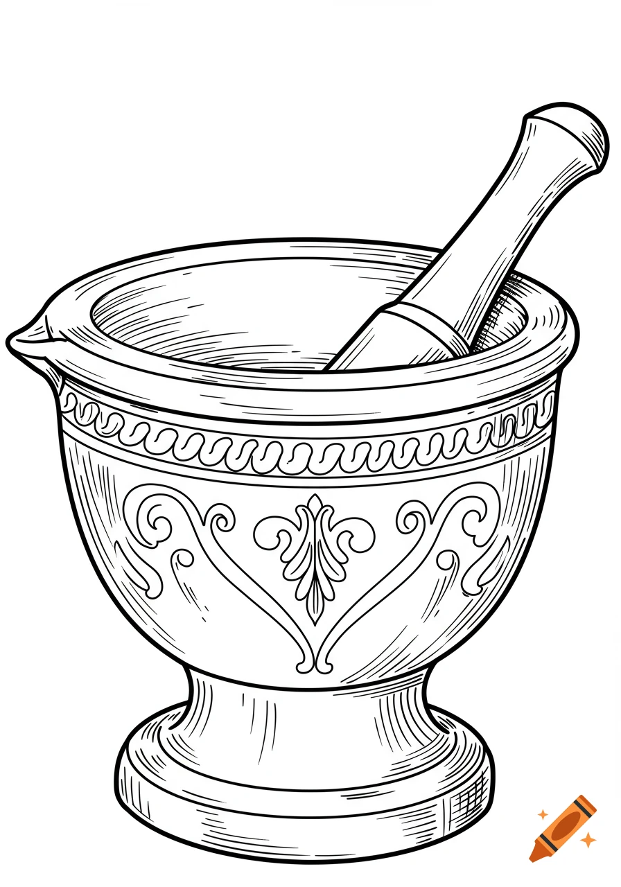 A black and white line art illustration of a mortar and pestle with ornate patterns, in a coloring book style.