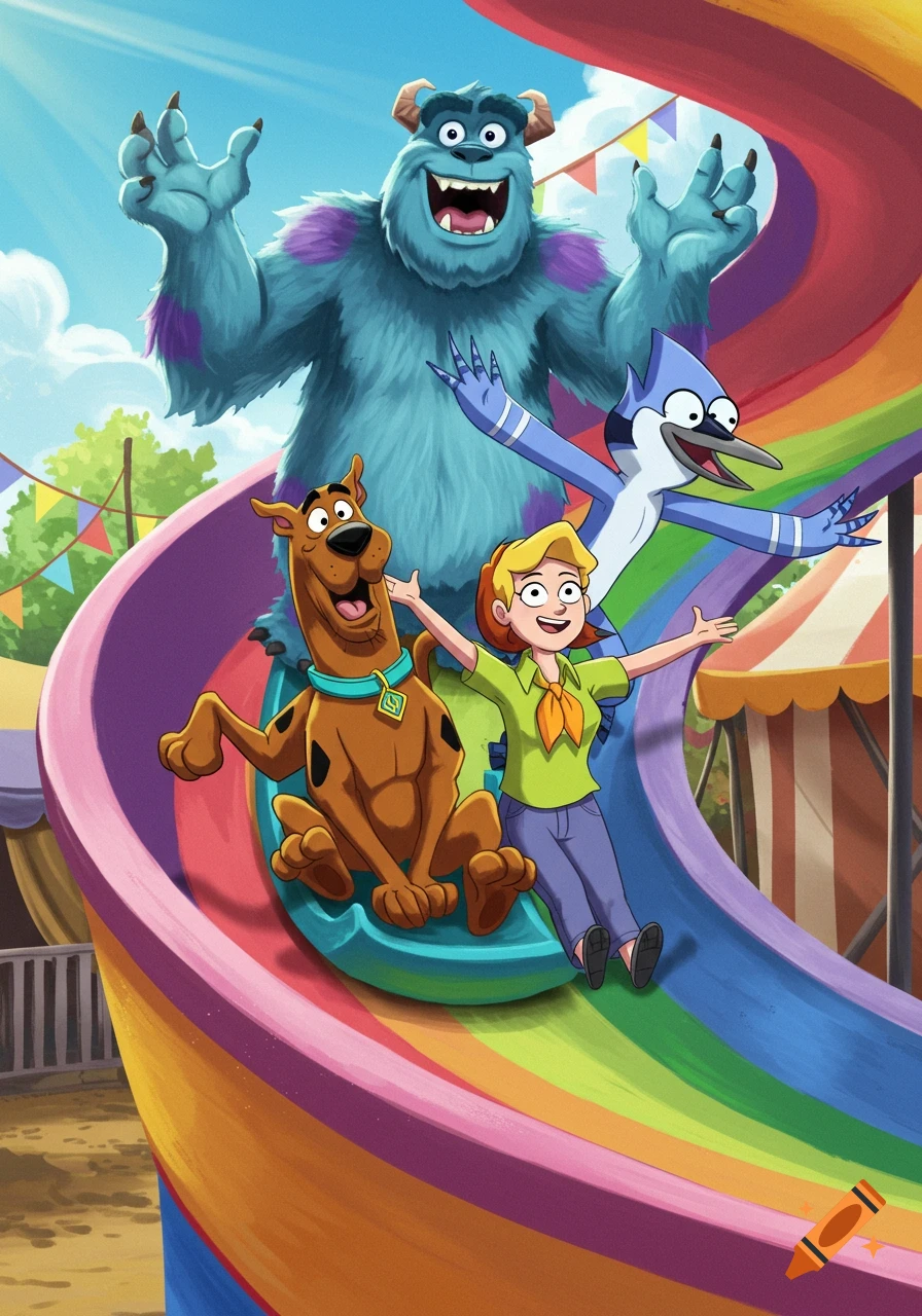Sully, Scooby Doo, a girl, and Mordecai slide down a vibrant rainbow helter-skelter at an amusement park under a sunny sky.
