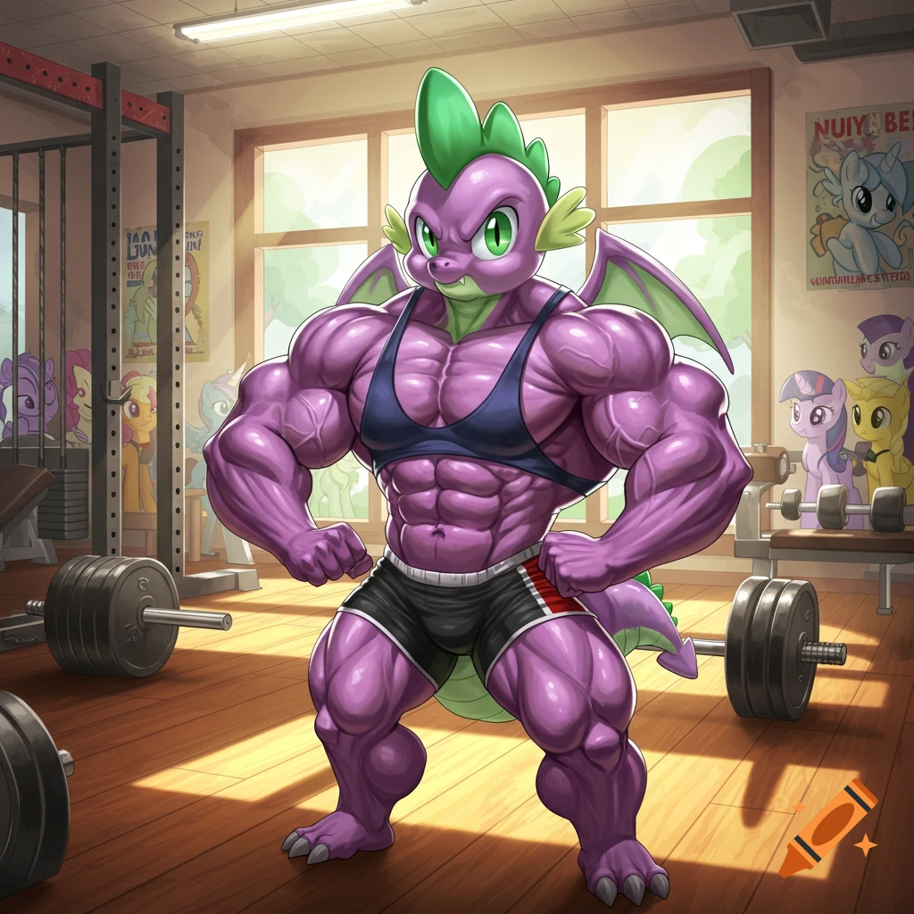 Muscular purple dragon Spike from My Little Pony in a sports bra and shorts, posing in a gym with weights.