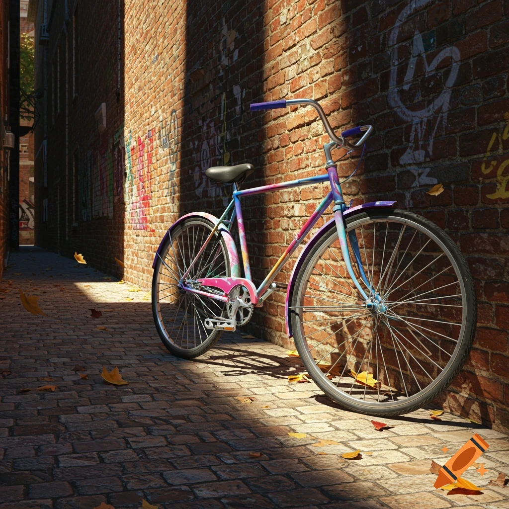 A colorful bicycle with a gradient frame leans against a graffiti-covered brick wall in a sunlit alley with fallen autumn leaves.