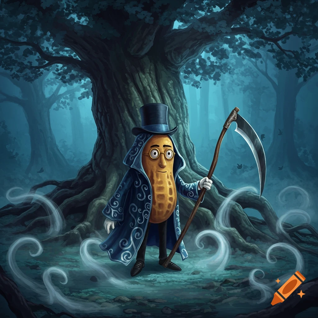 A cartoon Mr. Peanut, wearing a top hat, glasses, and a blue robe, holds a scythe in a dark, misty forest.