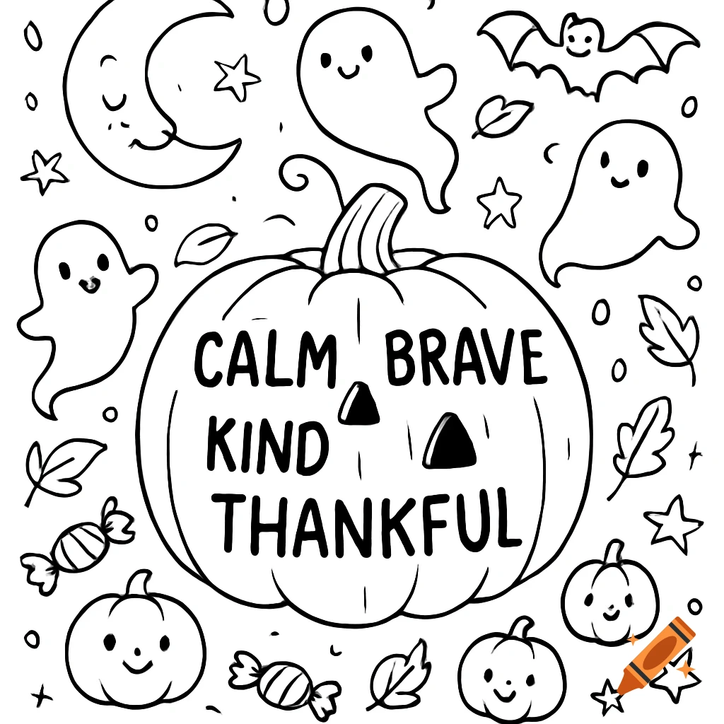 Black and white Halloween coloring page with a pumpkin carved with "CALM BRAVE KIND THANKFUL", surrounded by cute ghosts, bats, moon, and small pumpkins.