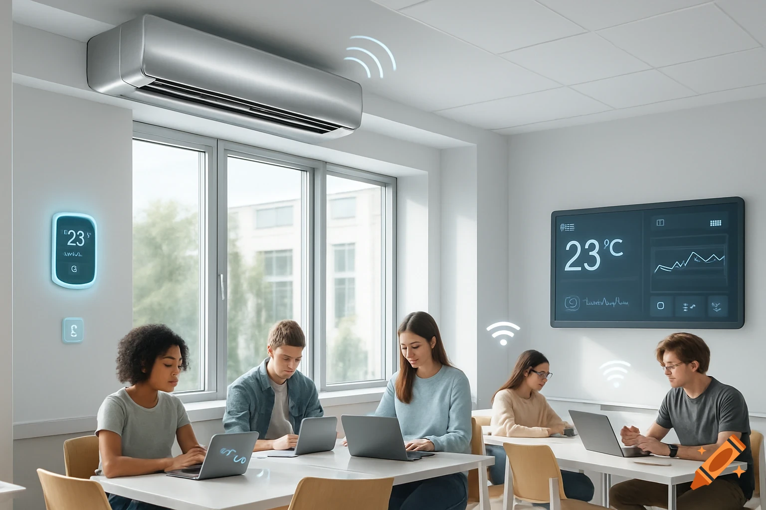 Students work on laptops in a modern classroom with a smart AC system and digital temperature displays, featuring Wi-Fi signals.