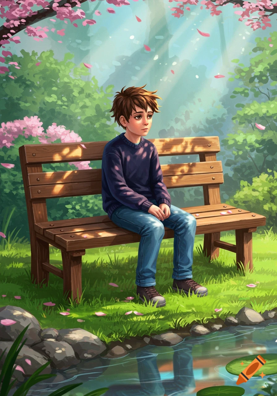 An illustration of a young boy with brown hair sitting alone on a wooden bench in a park with pink blossoms, a pond, and falling petals.