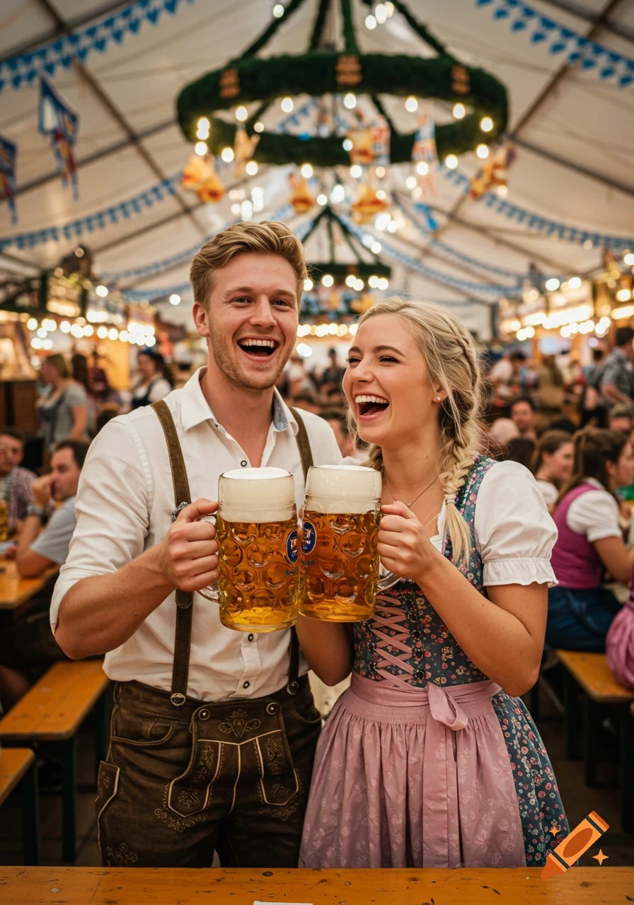 A smiling blonde couple in traditional German attire cheers with full beer steins at a festive Oktoberfest tent, bokeh lights in background.
