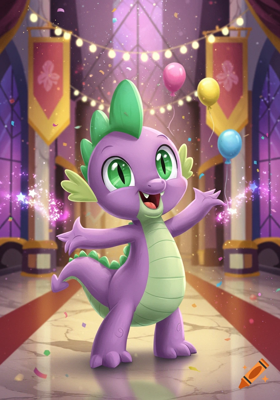 Spike from My Little Pony, a purple and green cartoon dragon, stands in a festive, confetti-filled hall with balloons and banners.