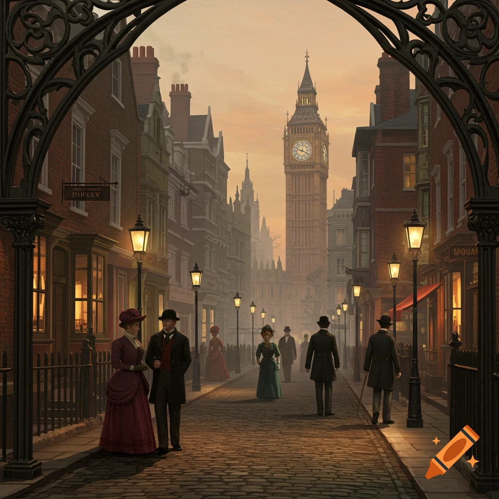 A grand arch frames a misty Victorian London street with elegantly dressed people and Big Ben in the distance at sunset.