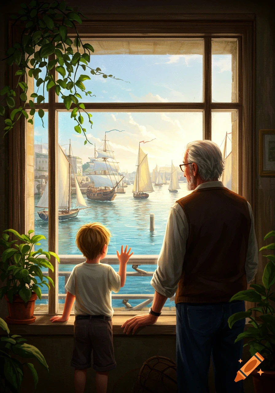 A grandfather and grandson look out a window at a harbor filled with sailboats and a large ship during sunset, in an illustrative style.