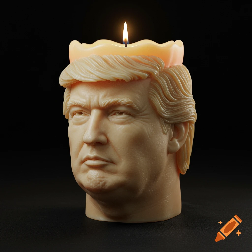 A photorealistic candle shaped like Donald Trump's head with a lit wick on a black background.