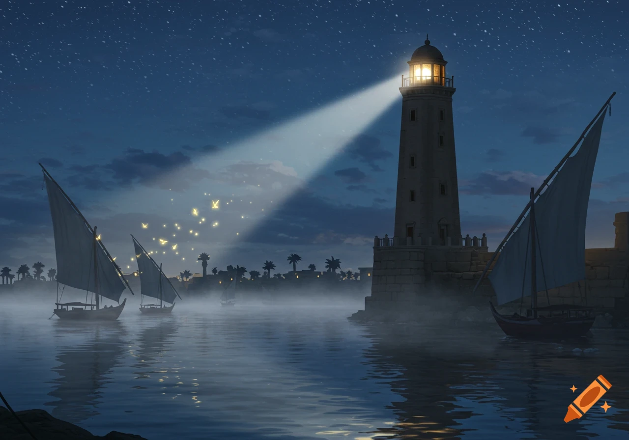 A lighthouse illuminates a misty Egyptian port at night with sailboats and golden butterflies flying towards the light.