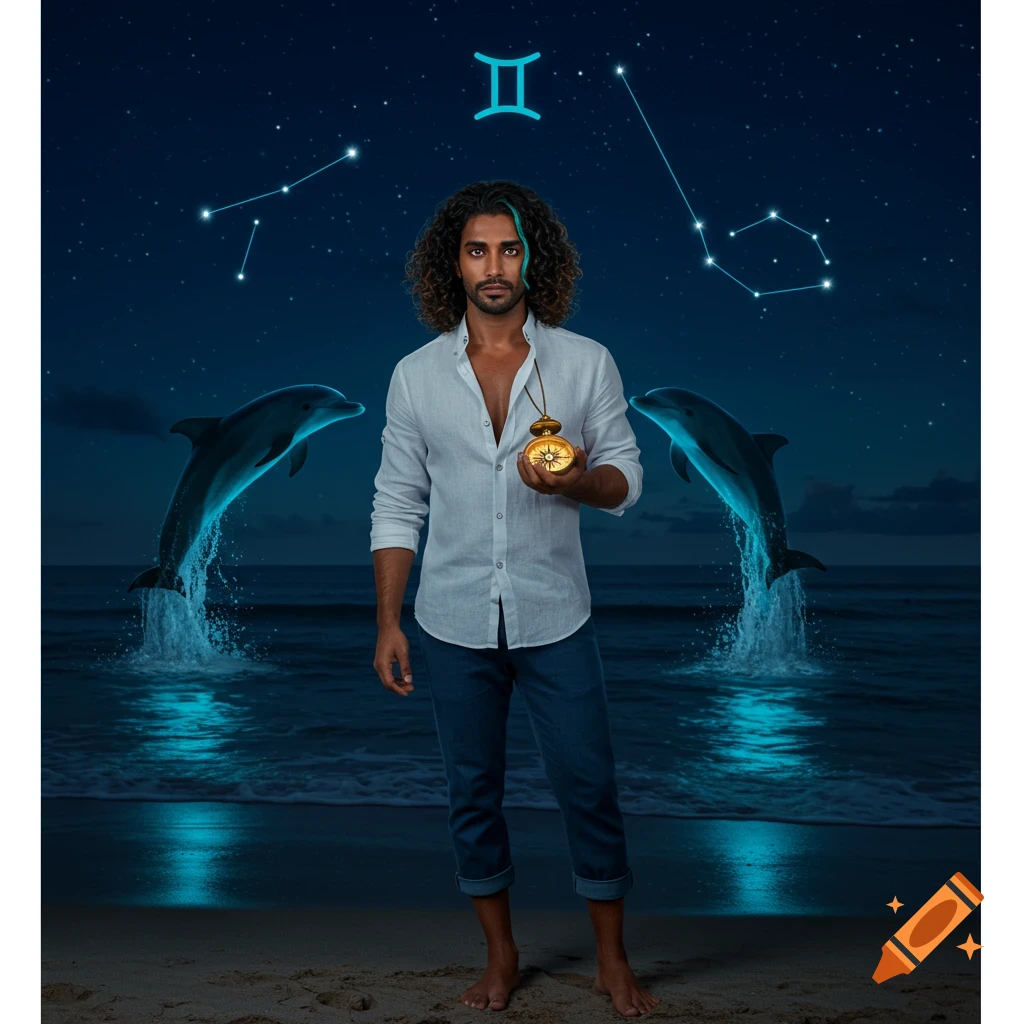 A man stands barefoot on a moonlit beach, holding a glowing compass. Two bioluminescent dolphins leap, and the Gemini constellation is in the night sky.