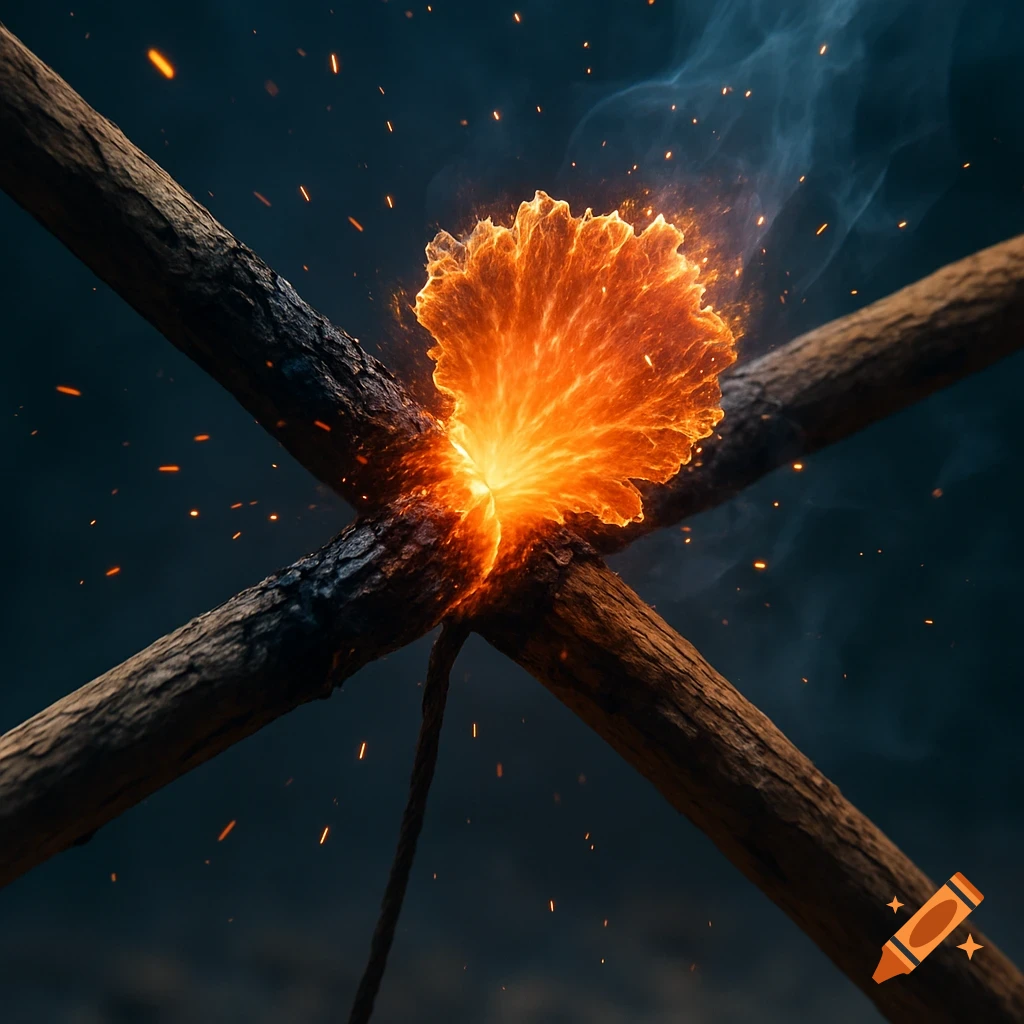 Two wooden sticks ignite and burn brightly at their intersection, with sparks flying and smoke rising against a dark background.