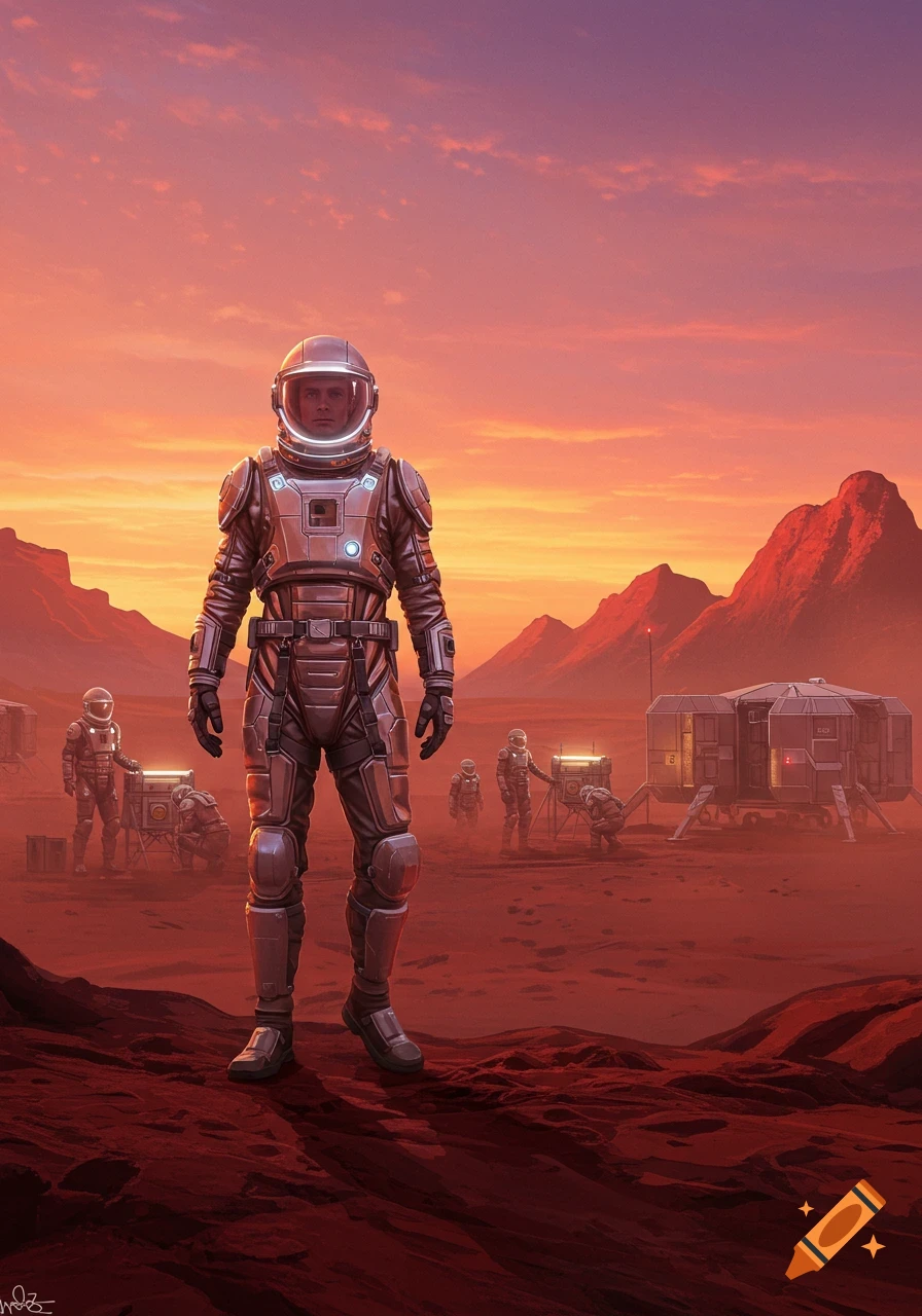 A lone astronaut stands on the red Martian surface with other crew members, habitats, and equipment under an orange sky.