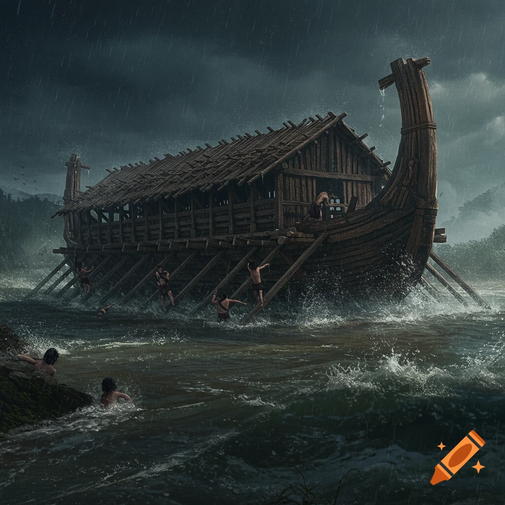 A large, dark wooden ark-like ship floats on turbulent, rainy waters. People swim and cling to the boat during a dramatic storm.