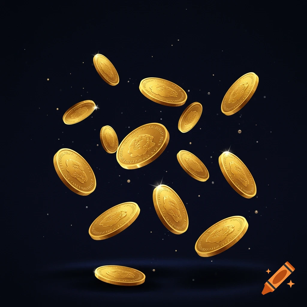 Shiny gold coins scattered and falling against a dark navy blue background with small specks of light.