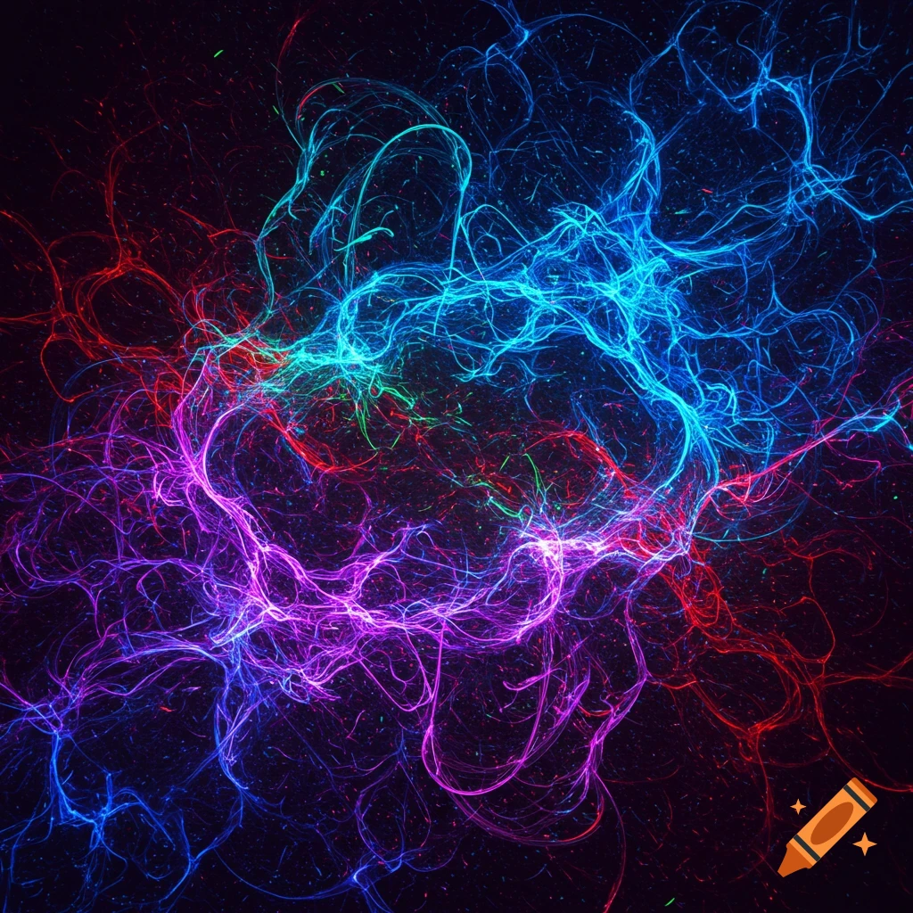 A vibrant abstract image of intertwined glowing lines in red, blue, purple, and green against a dark, speckled background.