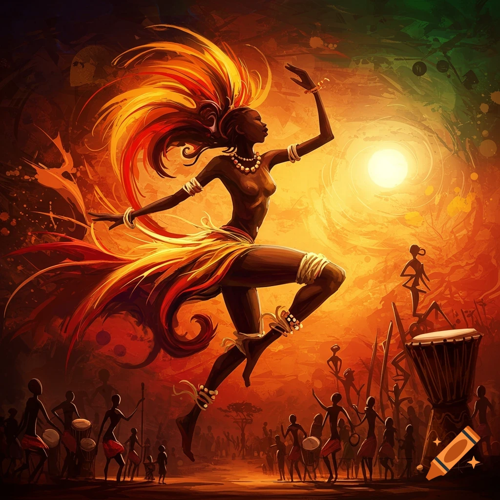 An abstract vibrant painting of an African dancer with fiery hair and traditional attire, surrounded by other figures and drums in a warm, glowing landscape.