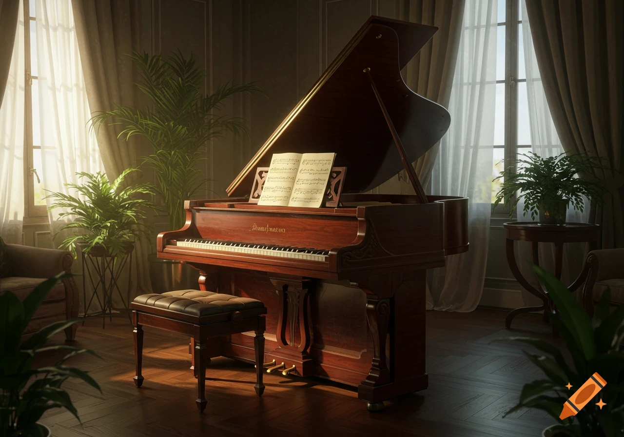 A photorealistic dark wood grand piano with sheet music and a bench in a lavish, sunlit room with green plants and large windows.