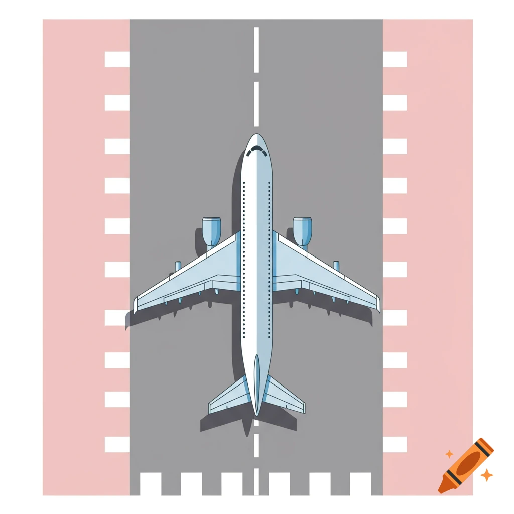 Overhead illustration of a light blue airplane on a grey runway with white markings, bordered by light pink sections.