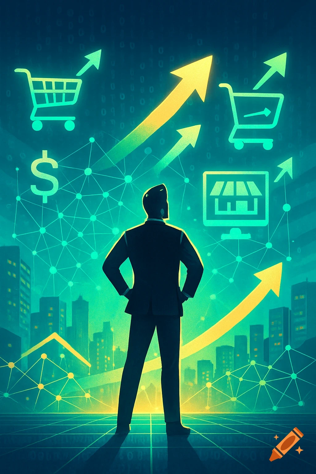 A silhouette of a businessman stands in a glowing digital cityscape, looking up at arrows, shopping carts, and a dollar sign.