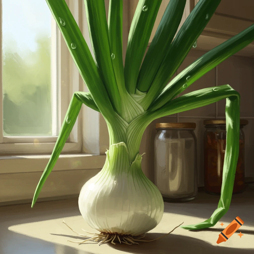 A vibrant green onion with white bulb and long green stalks, adorned with water droplets, sits on a kitchen counter by a sunlit window.