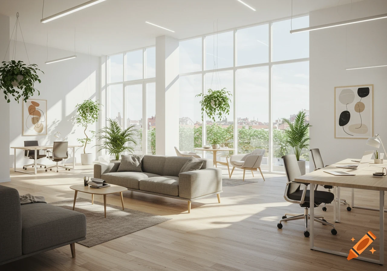 Bright, modern coworking office with white walls, wood floors, gray sofas, desks, plants, and large windows.